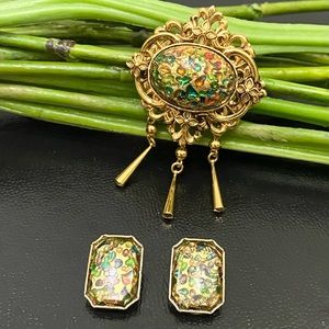 Vintage Unsigned Gold-tone Multicolored Cabochon Victorian Revival Brooch Set